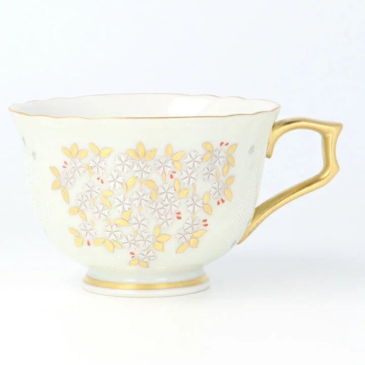 KUTANI COFFEE CUP & SAUCER SHIROKANEMORI  WEEPING CHERRY BLOSSOM DESIGN SHIROCHIBU/KINGYOKU NAKADA