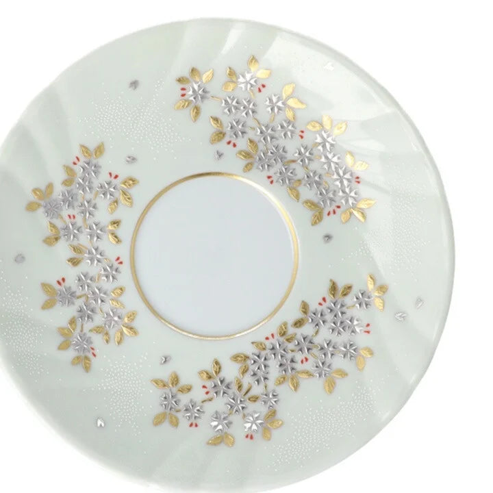KUTANI COFFEE CUP & SAUCER SHIROKANEMORI  WEEPING CHERRY BLOSSOM DESIGN SHIROCHIBU/KINGYOKU NAKADA