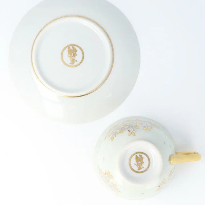 KUTANI COFFEE CUP & SAUCER SHIROKANEMORI  WEEPING CHERRY BLOSSOM DESIGN SHIROCHIBU/KINGYOKU NAKADA