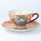 KUTANI WARE CUP & SAUCER AKAE KINRAN HANAZUME SHISHI/ DAIKI YAMAZAKI
