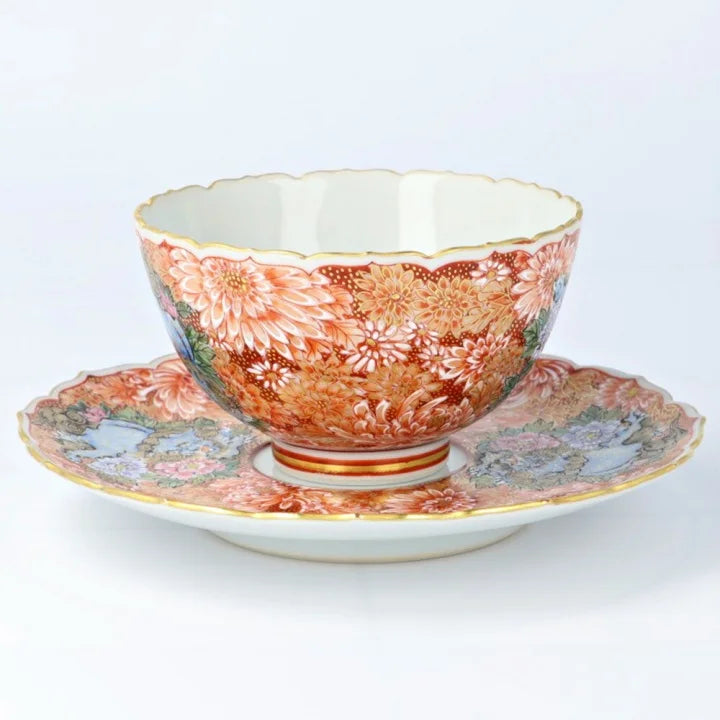 KUTANI WARE CUP & SAUCER AKAE KINRAN HANAZUME SHISHI/ DAIKI YAMAZAKI