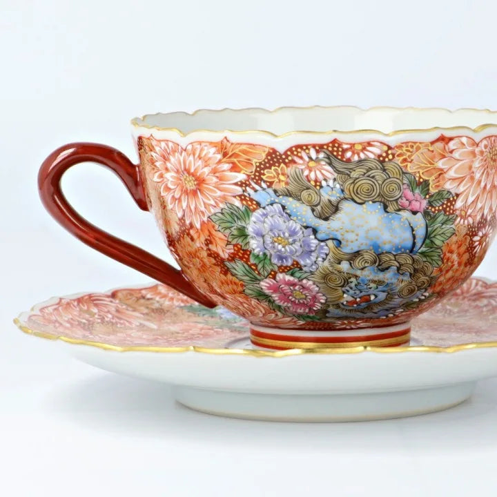 KUTANI WARE CUP & SAUCER AKAE KINRAN HANAZUME SHISHI/ DAIKI YAMAZAKI