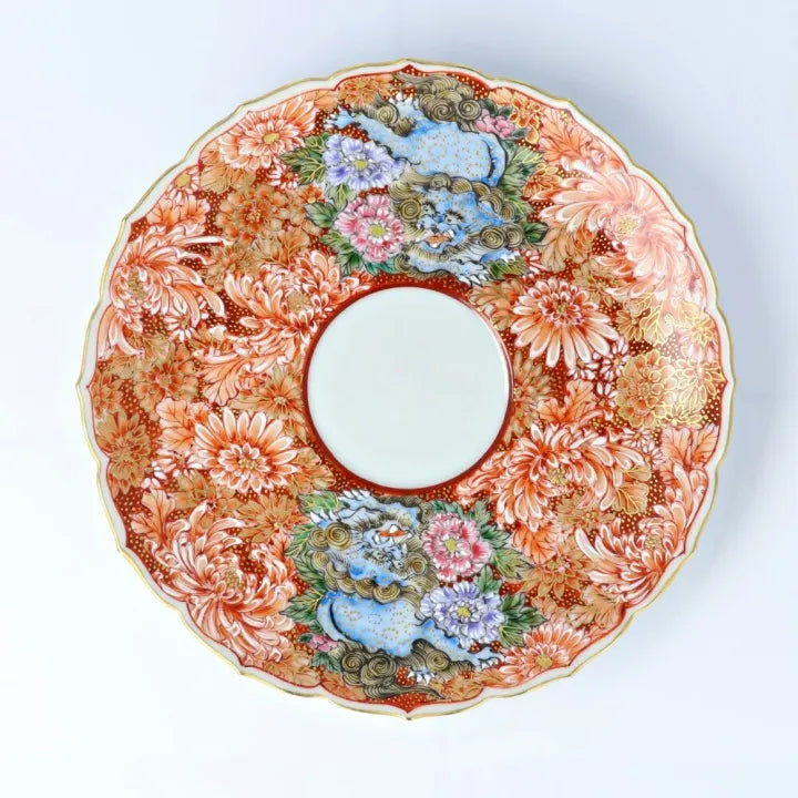 KUTANI WARE CUP & SAUCER AKAE KINRAN HANAZUME SHISHI/ DAIKI YAMAZAKI