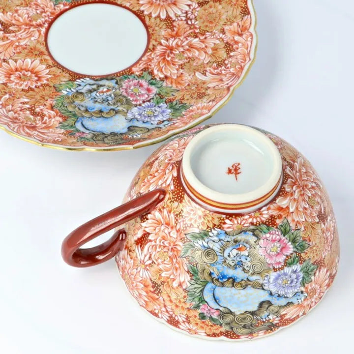 KUTANI WARE CUP & SAUCER AKAE KINRAN HANAZUME SHISHI/ DAIKI YAMAZAKI