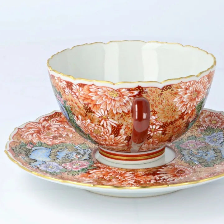 KUTANI WARE CUP & SAUCER AKAE KINRAN HANAZUME SHISHI/ DAIKI YAMAZAKI