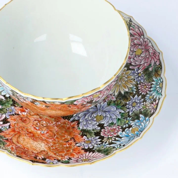 KUTANI WARE CUP & SAUCER KINRAN HANAZUME SHISHI/ DAIKI YAMAZAKI