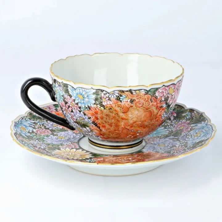 KUTANI WARE CUP & SAUCER KINRAN HANAZUME SHISHI/ DAIKI YAMAZAKI