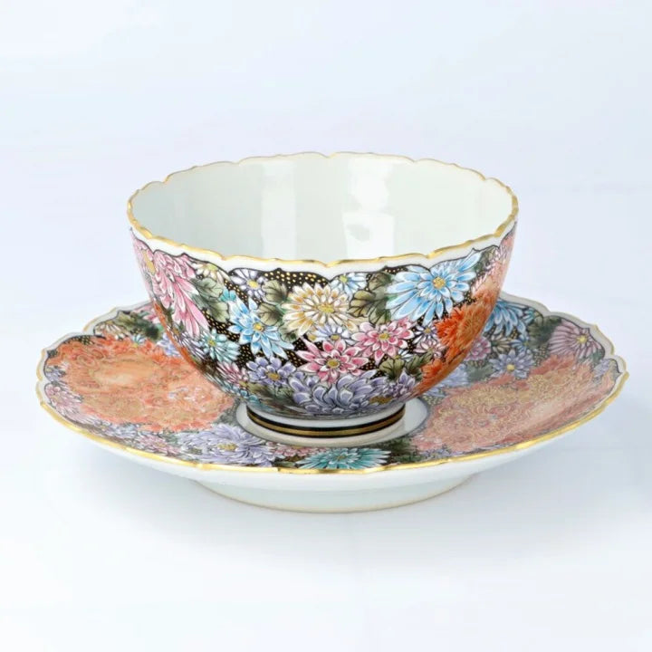 KUTANI WARE CUP & SAUCER KINRAN HANAZUME SHISHI/ DAIKI YAMAZAKI
