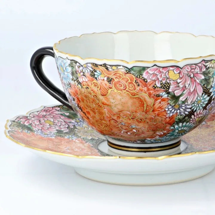 KUTANI WARE CUP & SAUCER KINRAN HANAZUME SHISHI/ DAIKI YAMAZAKI