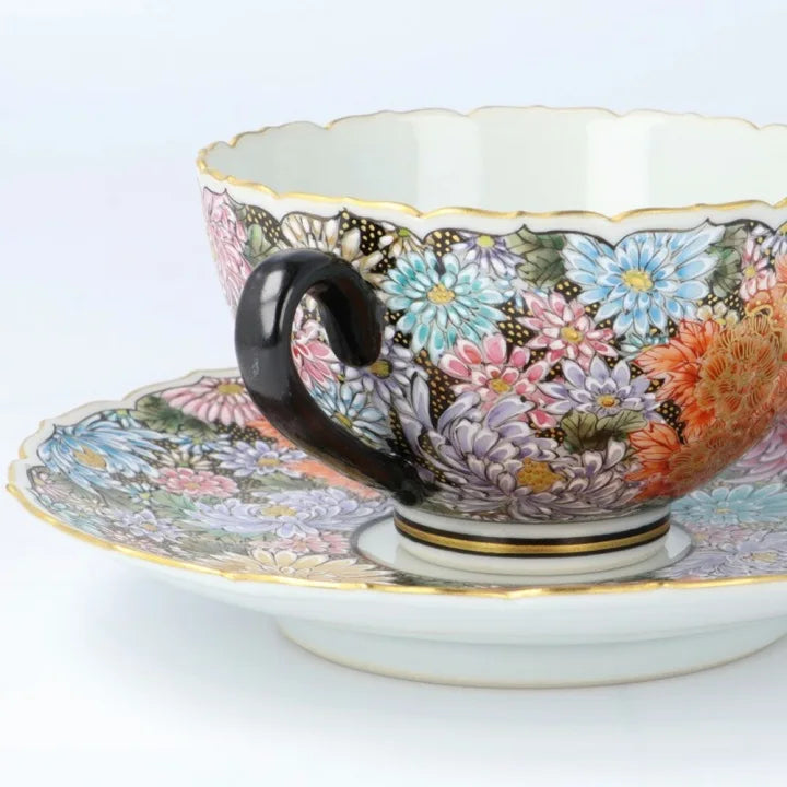 KUTANI WARE CUP & SAUCER KINRAN HANAZUME SHISHI/ DAIKI YAMAZAKI