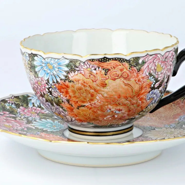 KUTANI WARE CUP & SAUCER KINRAN HANAZUME SHISHI/ DAIKI YAMAZAKI