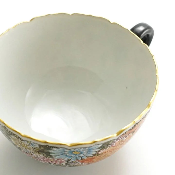 KUTANI WARE CUP & SAUCER KINRAN HANAZUME SHISHI/ DAIKI YAMAZAKI