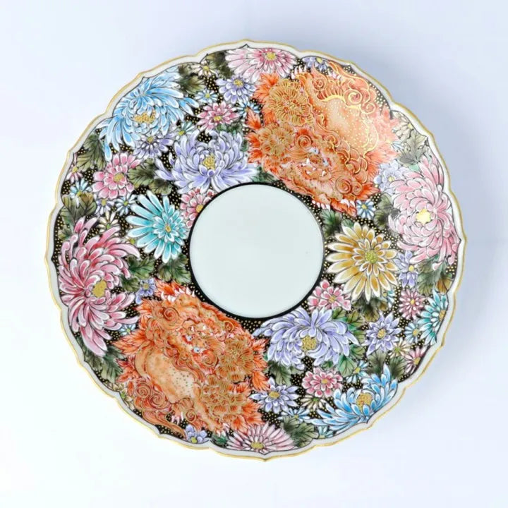 KUTANI WARE CUP & SAUCER KINRAN HANAZUME SHISHI/ DAIKI YAMAZAKI