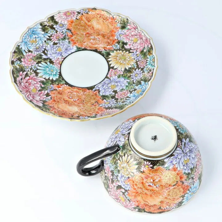 KUTANI WARE CUP & SAUCER KINRAN HANAZUME SHISHI/ DAIKI YAMAZAKI