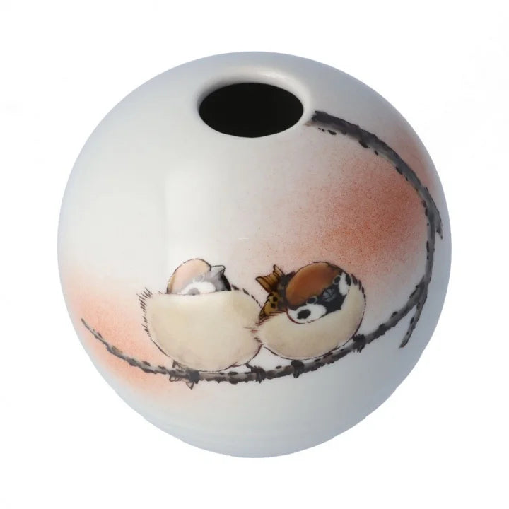 KUTANI WARE ROUND BUD VASE “TWO SPARROWS” BY TOSHITO NAKAMURA (IN PRESENTATION BOX)