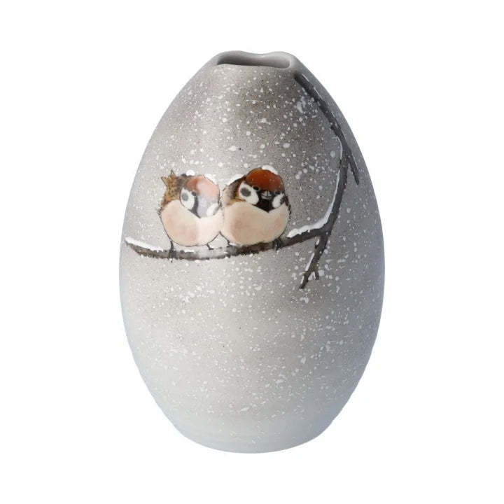 KUTANI JAPANESE SINGLE FLOWER VASE LARGE RIPPLE-MOUTHED SHELL-SHAPED VASE – SNOW AND TWO SPARROWS DESIGN / TOSHITO NAKAMURA