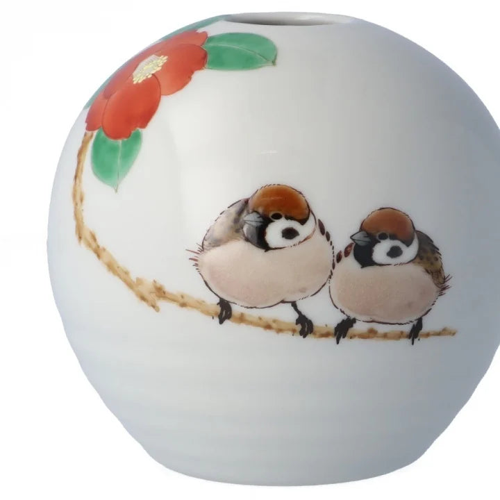 KUTANI JAPANESE SINGLE FLOWER VASE MARU-GATA TUBAKI NIJAKU-ZU / TOSHITO NAKAMURA