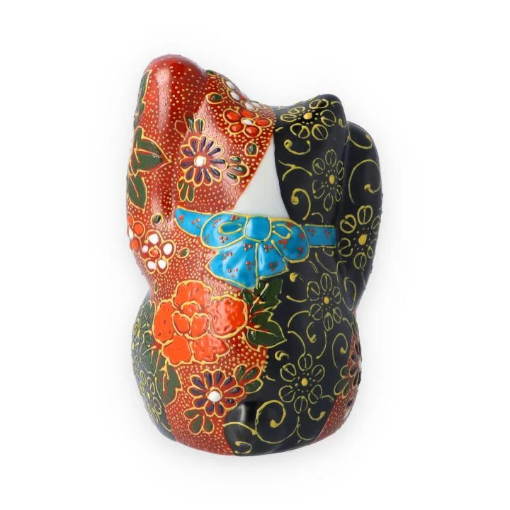 KUTANI WARE BOTH HANDS RAISED MANEKI NEKO RED AND BLACK MORI