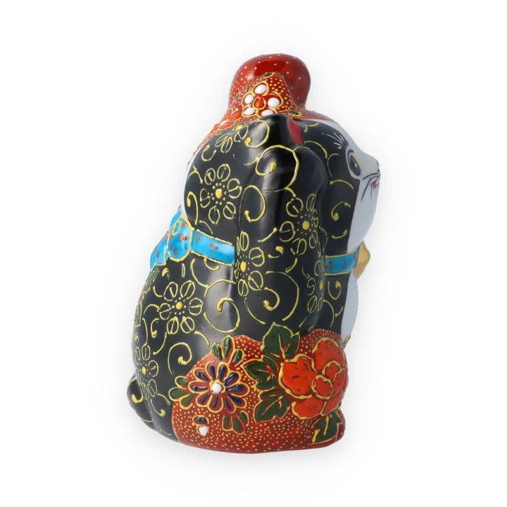 KUTANI WARE BOTH HANDS RAISED MANEKI NEKO RED AND BLACK MORI