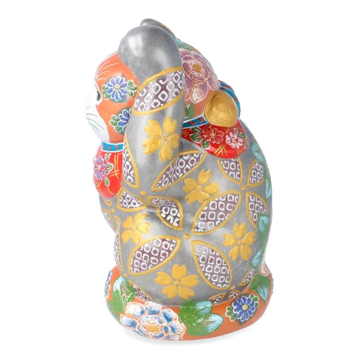 JAPAN KUTANI  LUCKY CAT( MANEKI-NEKO) SILVER VERMILION FLORAL PROSPERITY (WITH CUSHION)