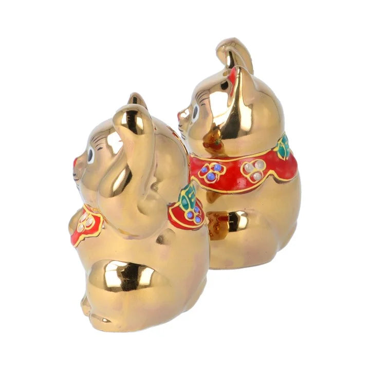 KUTANI WARE  PAIR OF LUCKY CATS KINSAI /(WITH STAND AND WOODEN NAMEPLATE)