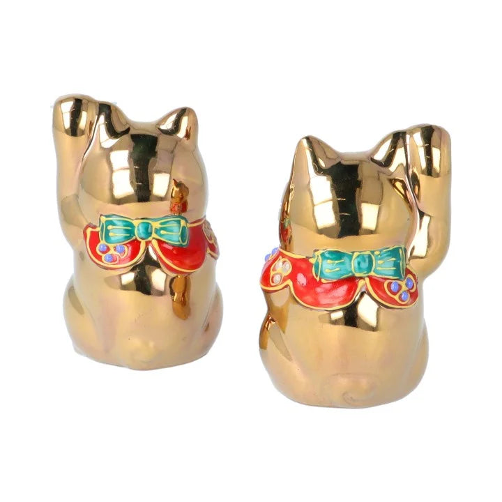 KUTANI WARE  PAIR OF LUCKY CATS KINSAI /(WITH STAND AND WOODEN NAMEPLATE)