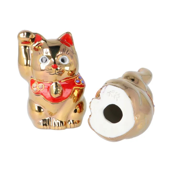 KUTANI WARE  PAIR OF LUCKY CATS KINSAI /(WITH STAND AND WOODEN NAMEPLATE)