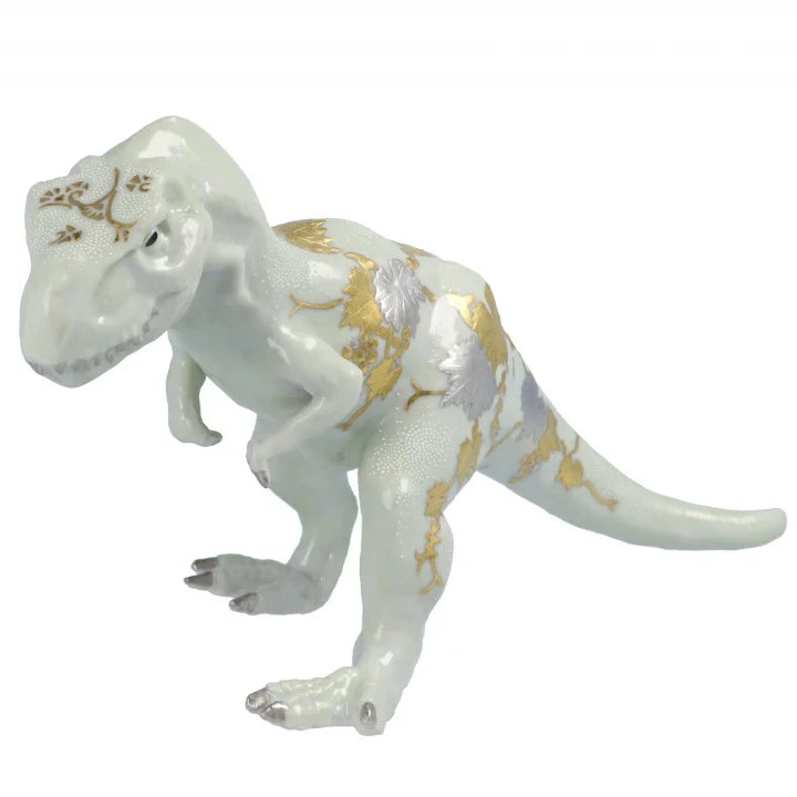 KUTANI WARE FIGURINE TYRANNOSAURUS SHIROGANEMORI GRAPE DESIGN SHIROCHIBU BY KINGYOKU NAKADA