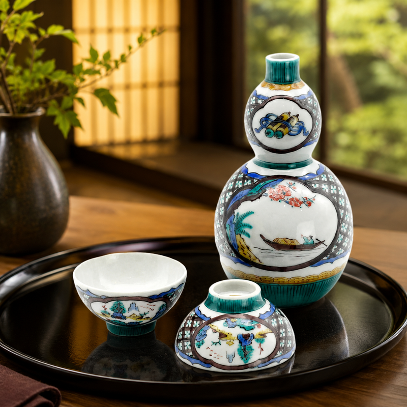 KUTANI WARE HALF SAKE SET (TOKKURI & SAKE CUPS) “PURPLE KOMON” / TAMEKICHI MITSUI