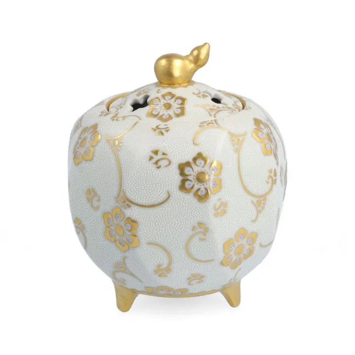 KINGYOKU NAKADA KUTANI INCENSE BURNER – WHITE BEADS WITH GOLD CLEMATIS DESIGN