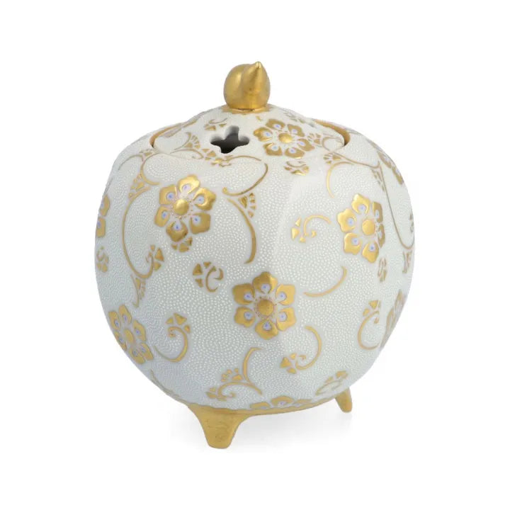 KINGYOKU NAKADA KUTANI INCENSE BURNER – WHITE BEADS WITH GOLD CLEMATIS DESIGN