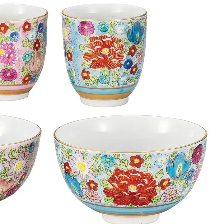 KUTANI WARE SAKE CUP & TEA CUP SET – HON-KIN HANA-ZUME DESIGN BY TAISHI KILN (GIFT BOX INCLUDED)