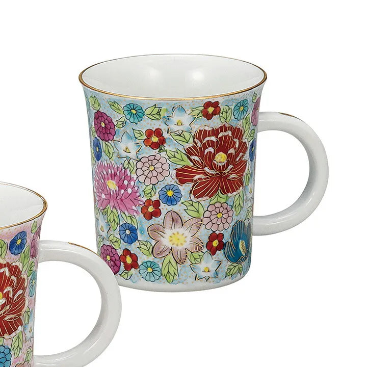 KUTANI WARE MUG CUP PAIR – HAND-PAINTED GENUINE GOLD HANA-TSUME DESIGN BY TAISHI KILN (GIFT BOX)