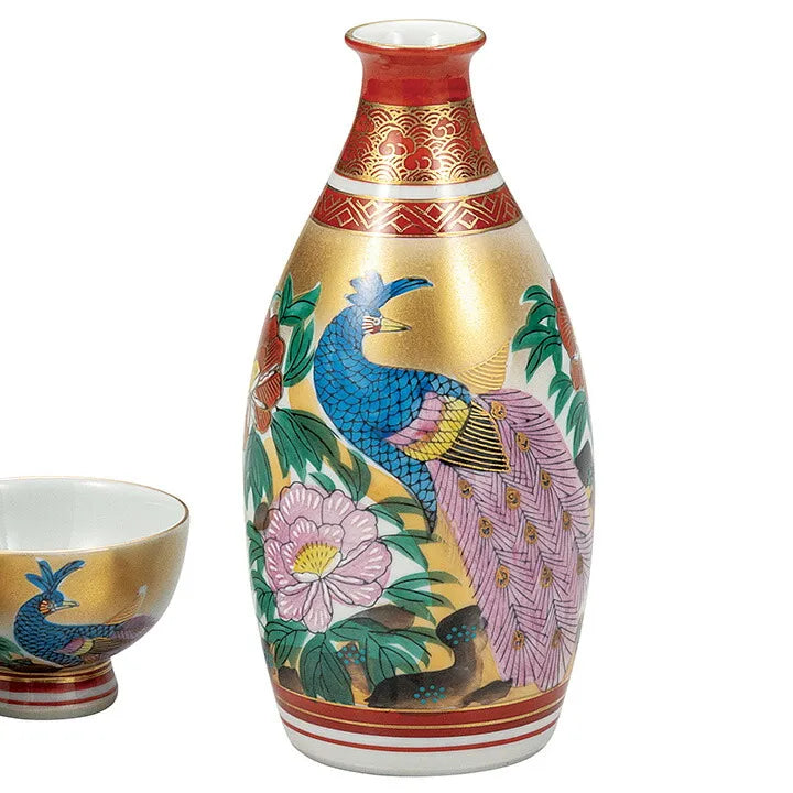 KUTANI WARE PEONY & PEACOCK SAKE SET – HAND-PAINTED JAPANESE PORCELAIN GIFT BOX