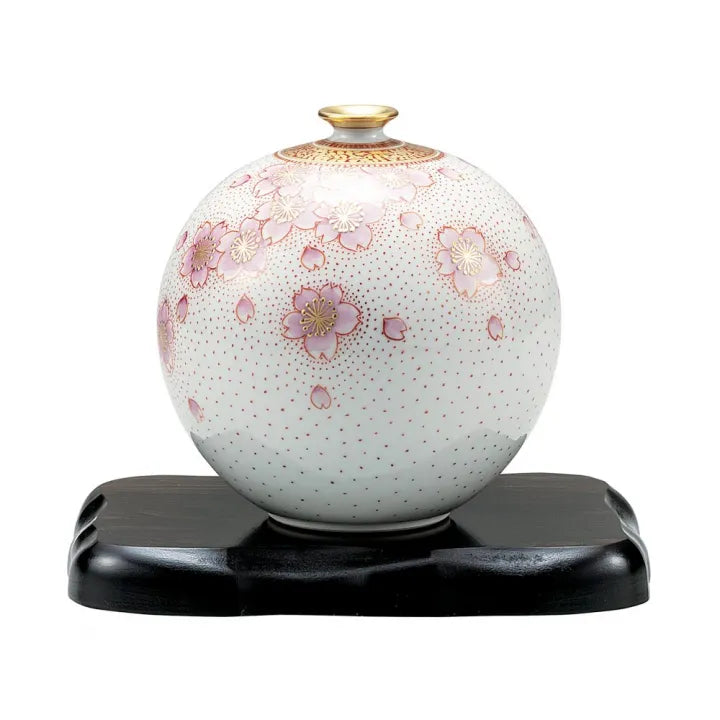 KUTANI WARE VASE “KINRANDE SAKURA” WITH STAND BY YOSHINORI FUKUDA | IN WOODEN BOX