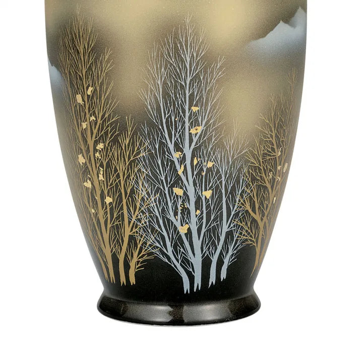 JAPANESE KUTANI WARE VASE – GOLD LEAF FOREST & MOUNTAINS WITH CRANES (GIFT BOXED)