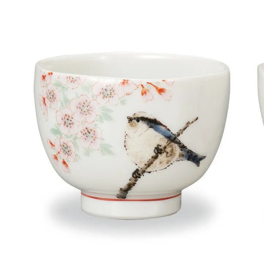 KUTANI WARE PAIR GUINOMI (SAKE CUPS) “SPRING & AUTUMN”  BY TOSHITO NAKAMURA WOODEN BOX