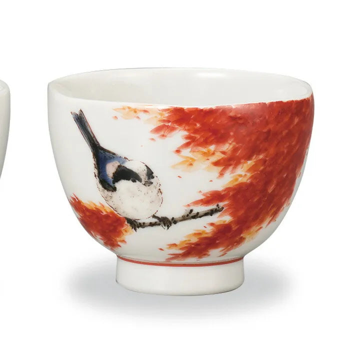 KUTANI WARE PAIR GUINOMI (SAKE CUPS) “SPRING & AUTUMN”  BY TOSHITO NAKAMURA WOODEN BOX