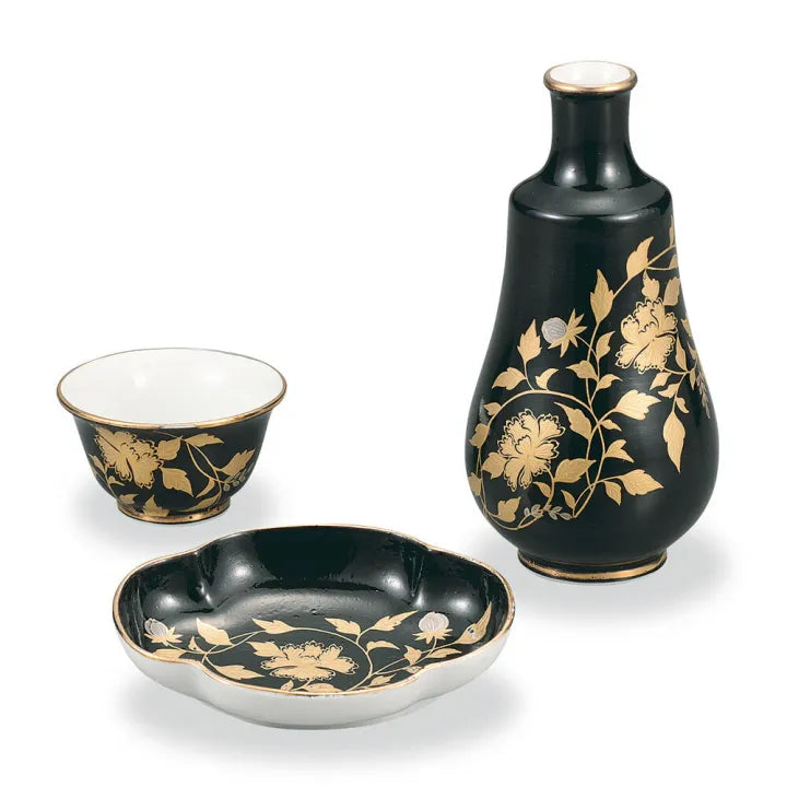 KUTANI WARE KINRANDE STYLE BLACK BY TAISHI KILN TRADITIONAL JAPANESE PORCELAIN GIFT