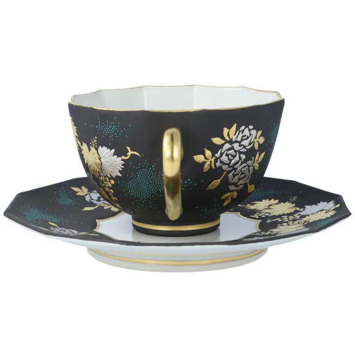 KUTANI WARE DODECAGONAL COFFEE CUP & SAUCER – SHIROGANE MORI GRAPE & ROSE DESIGN WITH AOCHIBU BLUE DOTS BY KINGYOKU NAKADA