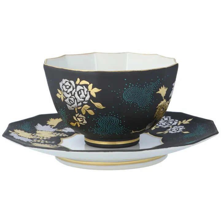 KUTANI WARE DODECAGONAL COFFEE CUP & SAUCER – SHIROGANE MORI GRAPE & ROSE DESIGN WITH AOCHIBU BLUE DOTS BY KINGYOKU NAKADA