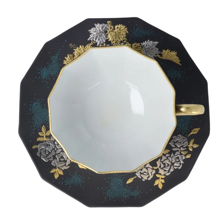 KUTANI WARE DODECAGONAL COFFEE CUP & SAUCER – SHIROGANE MORI GRAPE & ROSE DESIGN WITH AOCHIBU BLUE DOTS BY KINGYOKU NAKADA