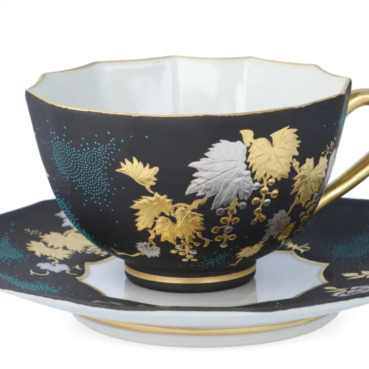 KUTANI WARE DODECAGONAL COFFEE CUP & SAUCER – SHIROGANE MORI GRAPE & ROSE DESIGN WITH AOCHIBU BLUE DOTS BY KINGYOKU NAKADA