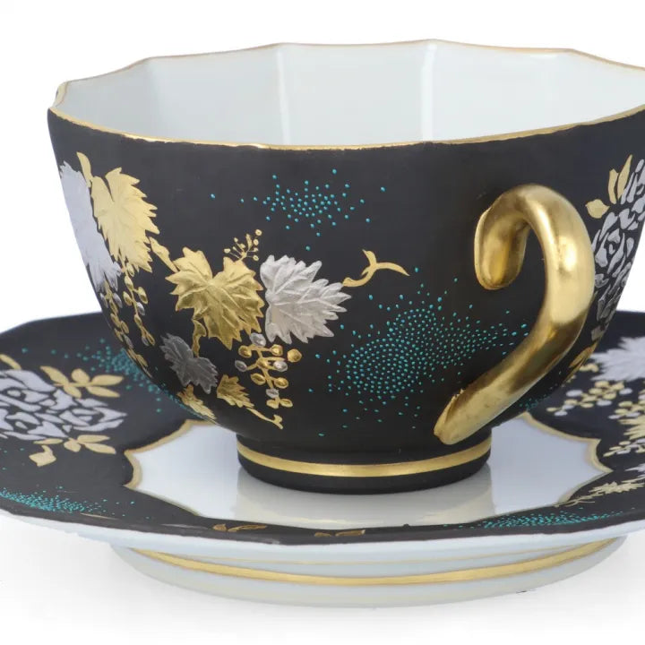 KUTANI WARE DODECAGONAL COFFEE CUP & SAUCER – SHIROGANE MORI GRAPE & ROSE DESIGN WITH AOCHIBU BLUE DOTS BY KINGYOKU NAKADA