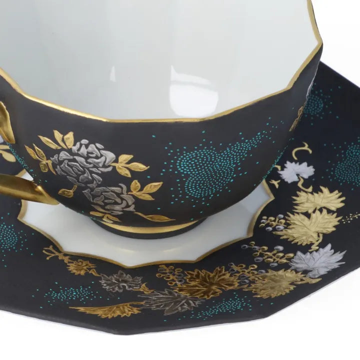 KUTANI WARE DODECAGONAL COFFEE CUP & SAUCER – SHIROGANE MORI GRAPE & ROSE DESIGN WITH AOCHIBU BLUE DOTS BY KINGYOKU NAKADA