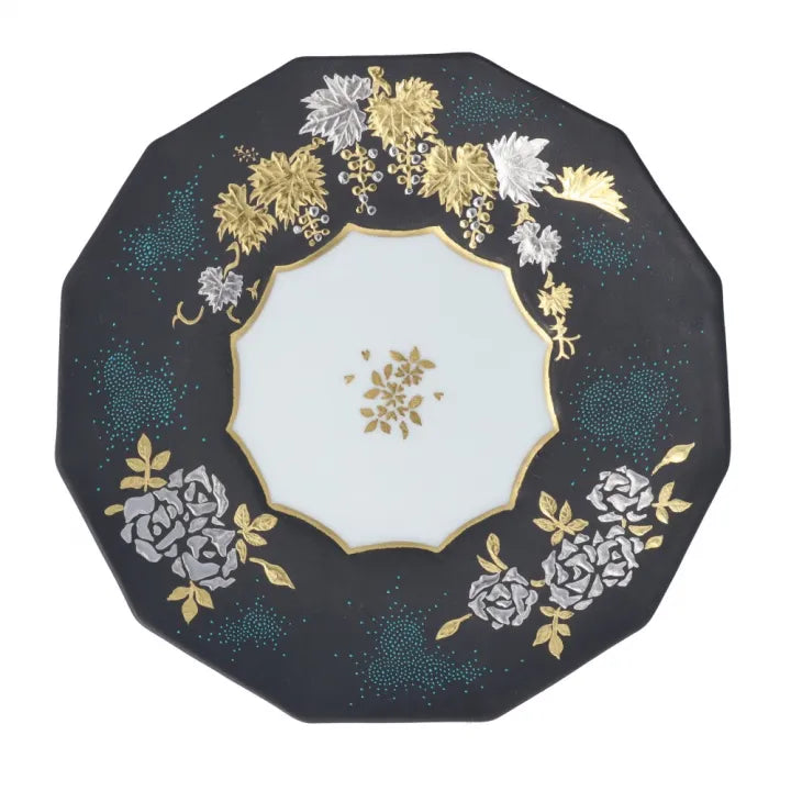 KUTANI WARE DODECAGONAL COFFEE CUP & SAUCER – SHIROGANE MORI GRAPE & ROSE DESIGN WITH AOCHIBU BLUE DOTS BY KINGYOKU NAKADA