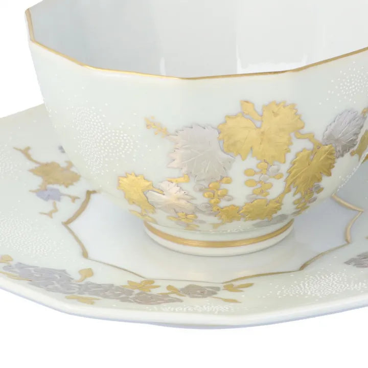 KUTANI WARE DODECAGONAL COFFEE CUP & SAUCER – SHIROGANE MORI GRAPE & ROSE DESIGN WITH WHITE DOT (SHIROCHIBU) BY KINGYOKU NAKADA