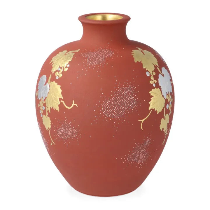 KUTANI WARE VASE – PLATINUM GRAPE DESIGN WITH WHITE DOTS ON VERMILION GROUND BY NAKATA KINGYOKU (PAULOWNIA WOOD BOX INCLUDED)