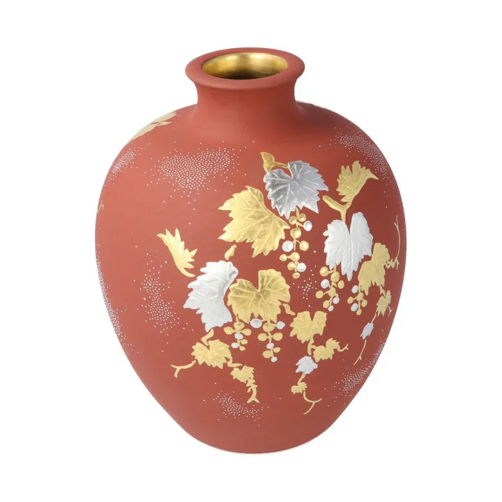 KUTANI WARE VASE – PLATINUM GRAPE DESIGN WITH WHITE DOTS ON VERMILION GROUND BY NAKATA KINGYOKU (PAULOWNIA WOOD BOX INCLUDED)