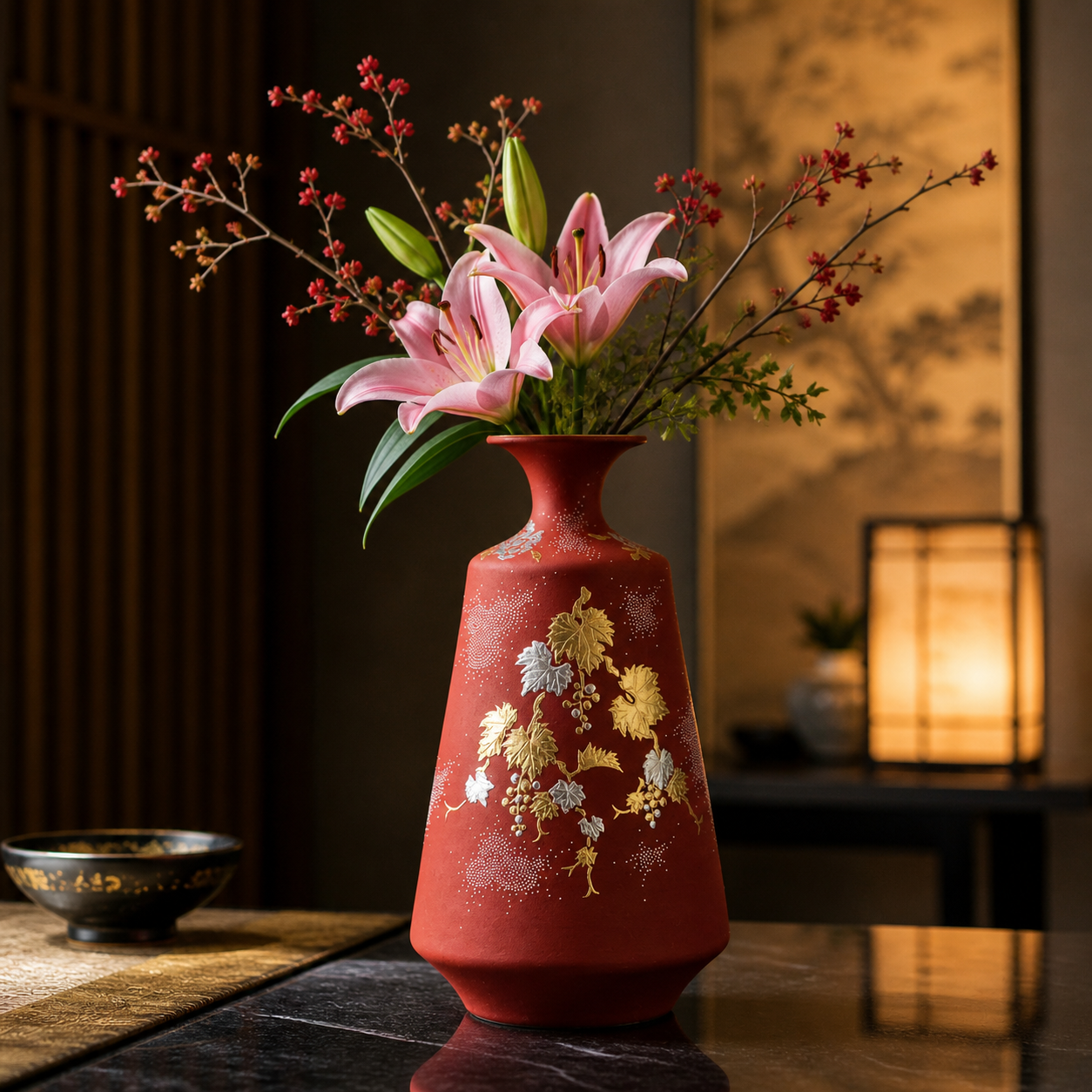 KUTANI WARE VASE “PLATINUM GRAPEVINE WITH WHITE DOT DECORATION” BY KINGYOKU NAKATA